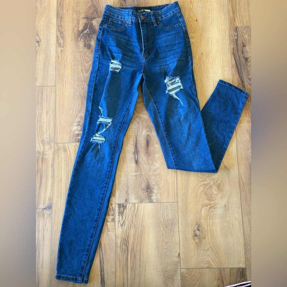 Fashion Nova Dark Blue Distressed Skinny Jeans